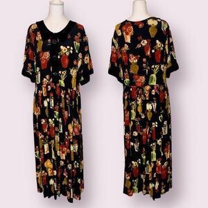 Betty Hadikusumo Velvet Trim Short Sleeve Floral Maxi Dress Black Size Large